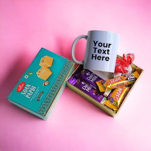 Soan Papdi With Chocolates & Personalised Mug Gift Hamper Soan Papdi With Chocolates & Personalised Mug Gift Hamper