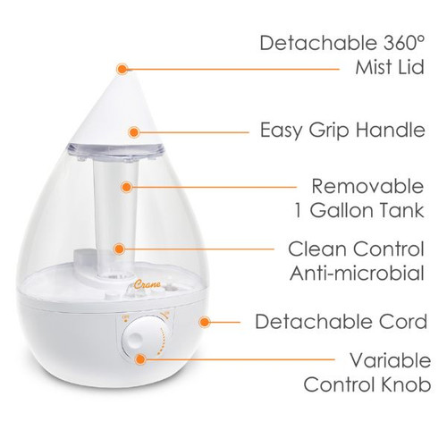 Crane Electrical Ultrasonic Cool Mist Humidifier Drop Clear/White  (EE-5301CW)