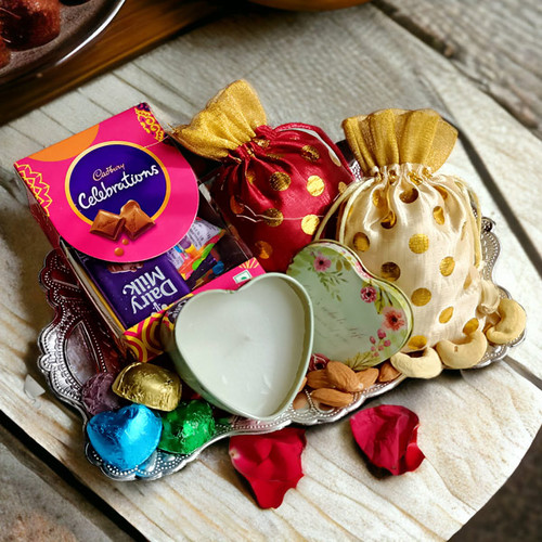 Nature's Best Drynuts, Candle and Chocolates On Tray - Dasain/Tihar Gift