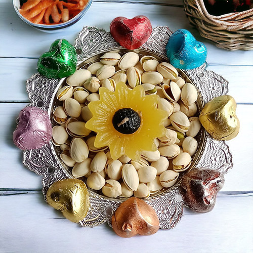 Gourmet Chocolates, Pistachio & Candle Beautiful Decoration on Tray