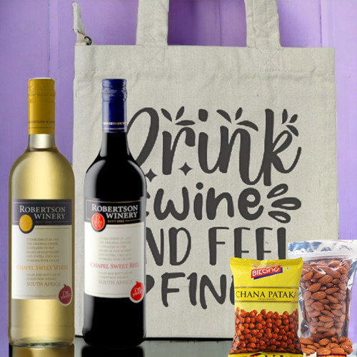 Robertson Winery Wine Duo, Tote Bag, Namkeen and Almonds Gift Package