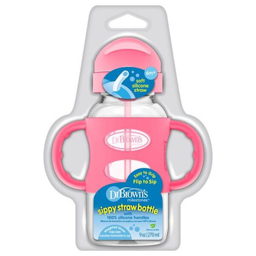 Dr.Brown's 9 oz/270 ml Sippy Straw Bottles w/ Silicone Handles, Pink, 1-Pack