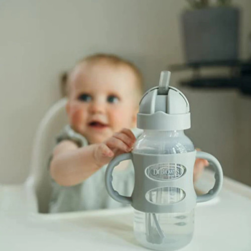 Dr.Brown's 9oz/270 ml Wide-Neck Sippy Straw Bottles w/ Silicone Handles, Gray, 1-Pack