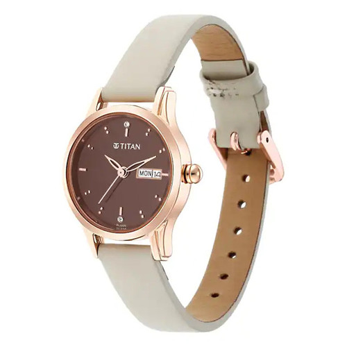 Titan Lagan Leather Strap Analog With Day & Date Watch For Her- 2656WL01
