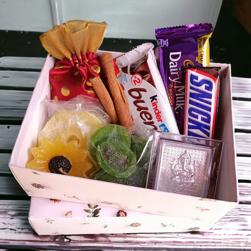 Silver Mini Ganesha Frame, Dried Fruits and Sweets Combo
