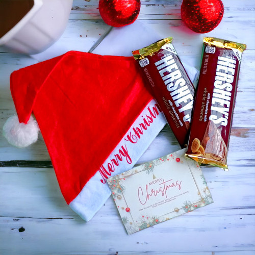 Merry Christmas Santa Hat With Sweets and Card Combo