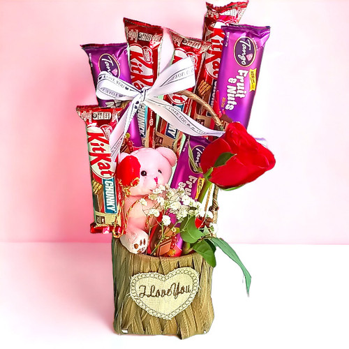 Teddy With Chocolates & Rose
