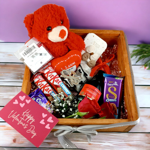 Teddy With Chocolates and Wine Gift For Her