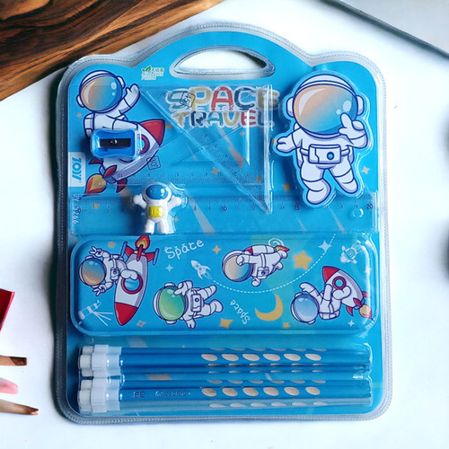 Space - Themed 6 Pieces Pencil Set With Geometry Box - Blue
