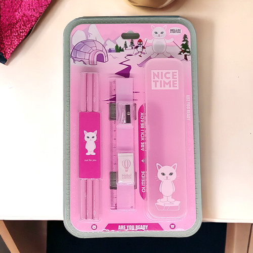 White Kitty - Themed 3 Set Pencil With Box - Pink