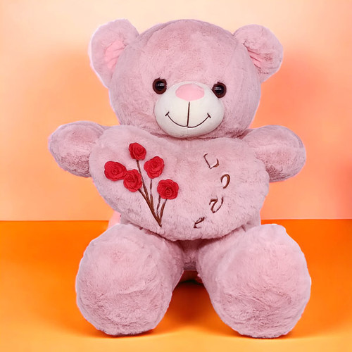 Cute Pink Teddy Bear With Heart Shape Flower Design-21"