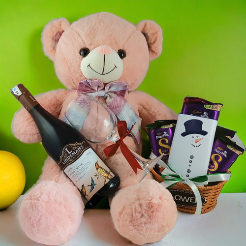 Pink Teddy Bear With Dairy Milk Chocolates & Red Wine 750ml