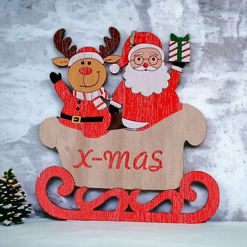 Santa Claus & Reindeer In Sleigh Wooden Showpiece