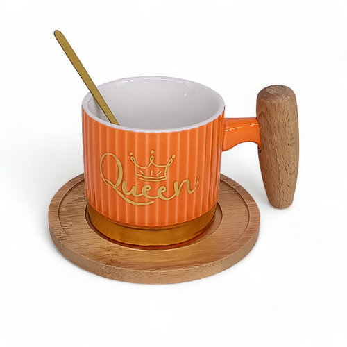 "Cute Queen Printed Orange Ceramic Cup With Spoon"