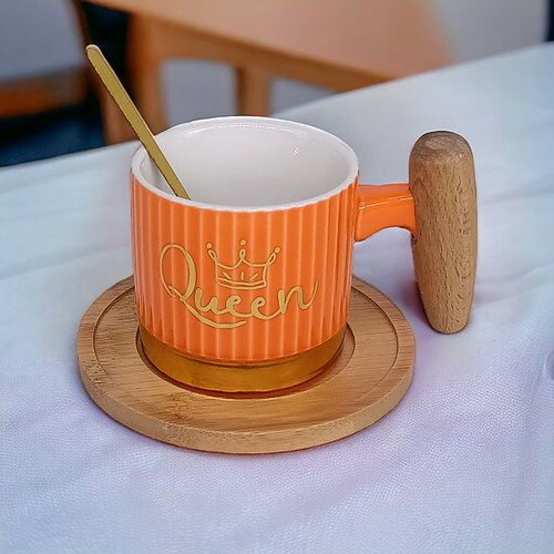 "Cute Queen Printed Orange Ceramic Cup With Spoon"