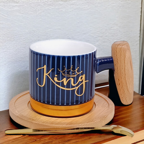 King Ceramic Cup With Wooden Coaster & Handle