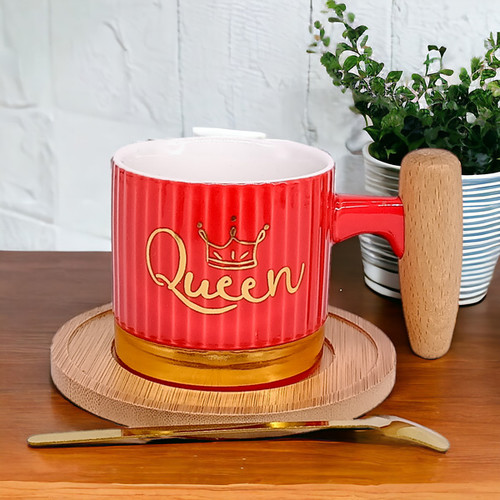 Queen Ceramic Cup With Coaster & Spoon ( Red)