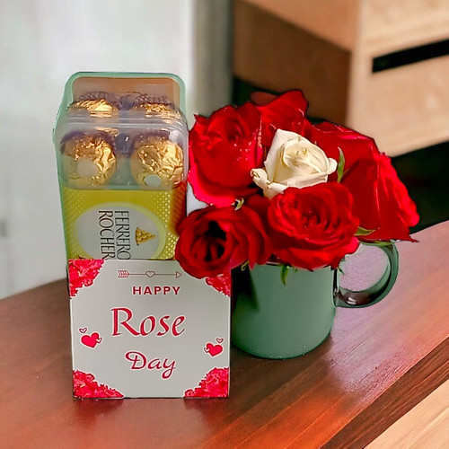 Ferrero Chocolates, Rose Bouquet & Ceramic Mug As Valentine's Gift