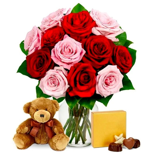 One Dozen Valentine Red & Pink Roses with and a Bear (USA Delivery Only)