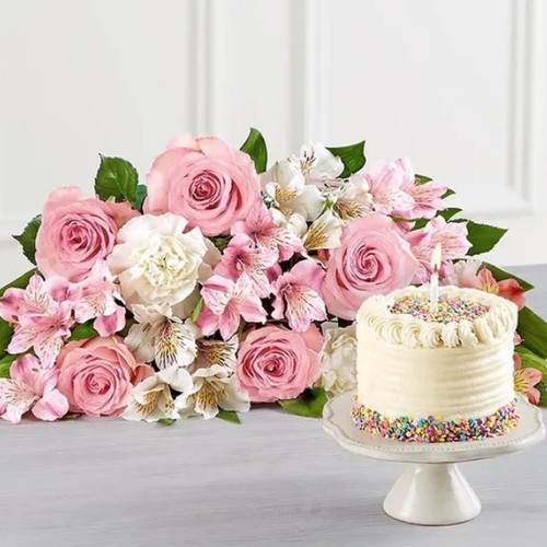 Birthday Cake and Blooms (USA Delivery Only)