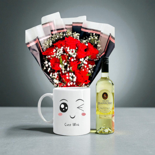 12 Roses Bunch, Ceramic Mug & White Wine Combo