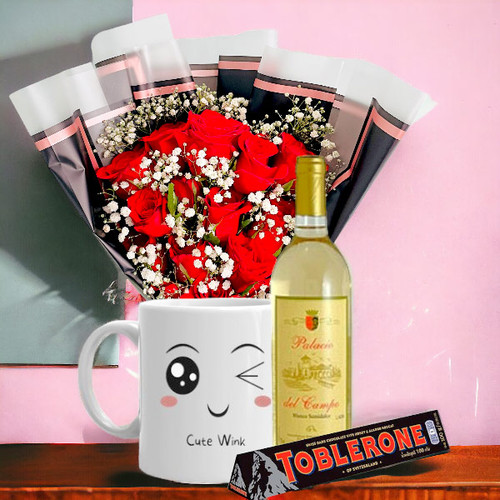 12 Roses Bunch, Ceramic Mug, White Wine and Chocolate Combo