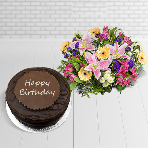 Mixed Flowers and Chocolate Cake (UK Delivery Only)