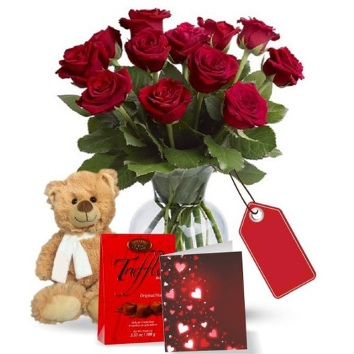 12 Red Roses Chocolates and Bear (Canada Delivery Only)