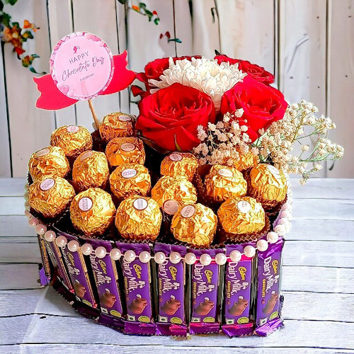 Heart Shape Premium Chocolate Bouquet Combo With Flowers