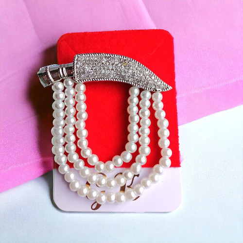 Khukuri Design American Diamond Silver Plated Brooch With 3 Layers Of Moti Mala