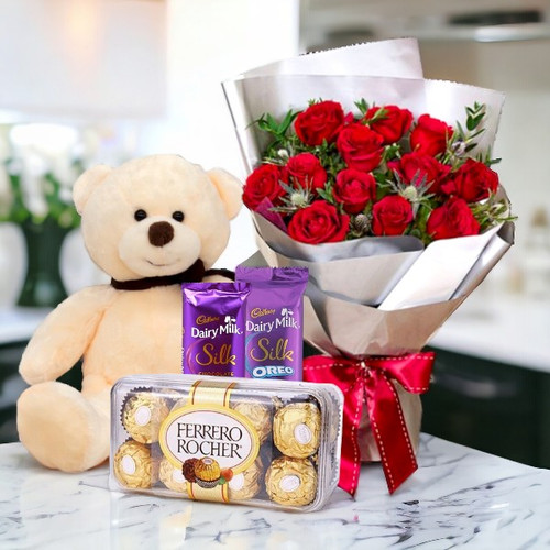 Teddy With Chocolates & Rose Bouquet