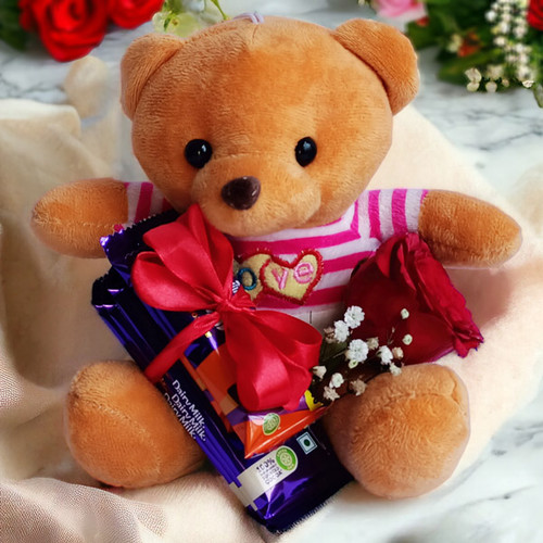 Teddy With Dairy Milk Silk Chocolates & Rose