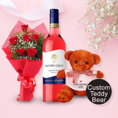 Teddy With Candle, Roses & Jacobs Wine 750ml