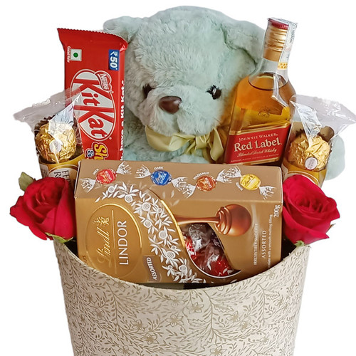 Teddy With Assorted Chocolates, Roses & Red Label Whisky 750ml