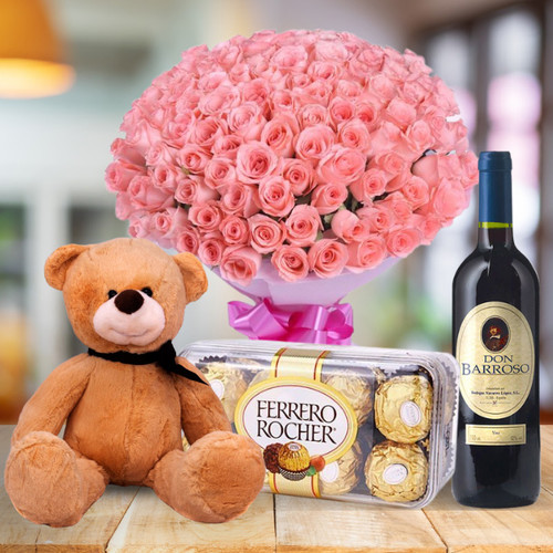100 Pink Rose Bouquet, Ferrero Chocolates, Teddy & Red Wine 750ml