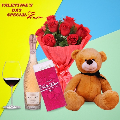 Valentine's Special Gift With Roses, Wine, Chocolate & Teddy