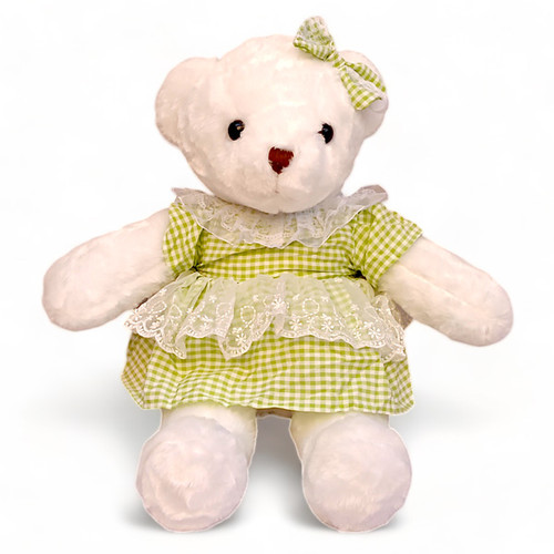 White Teddy With Green Color Frock Dress -20"