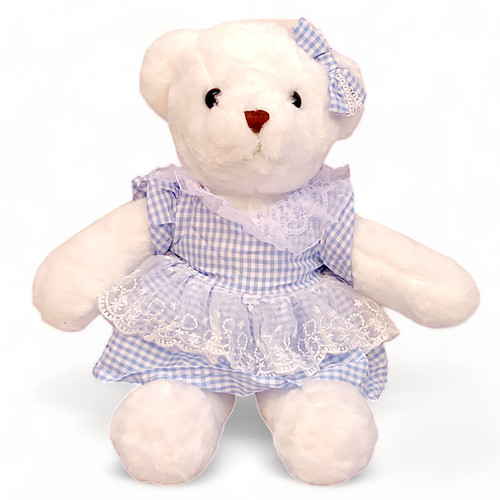 White Teddy With Blue Color Frock Dress -20"