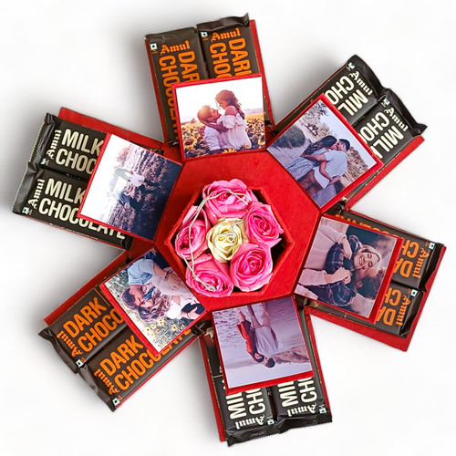 Chocolate Explosion Box with Locket, Roses & Personalized Photos for Her