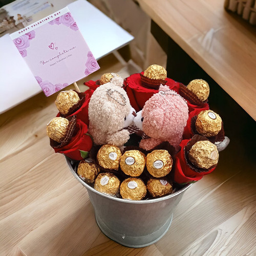Love Bucket: Rocher, Roses, Card and Teddy Combo