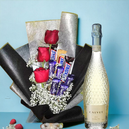 Mix Chocolates and Roses Bunch with White Wine Combo