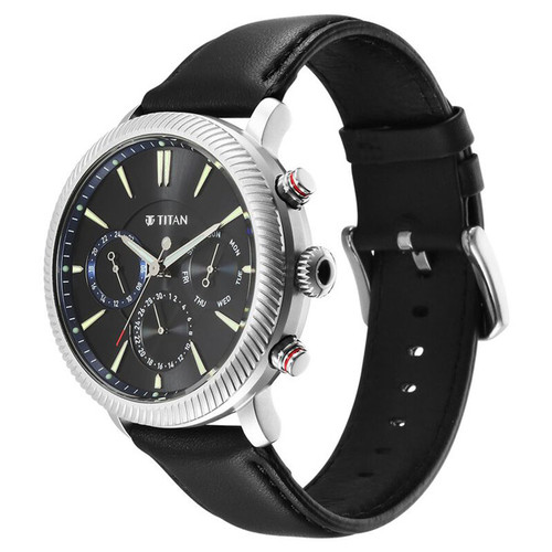 Titan Black Dial Leather Strap Watch For Him - 10012SL01