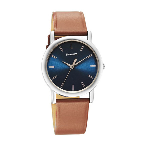 Sonata Blue Dial Brown Leather Strap Men's Watch -7987SL03