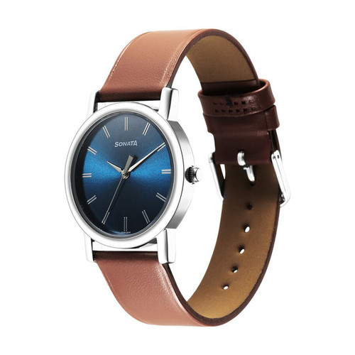 Sonata Blue Dial Brown Leather Strap Men's Watch -7987SL03