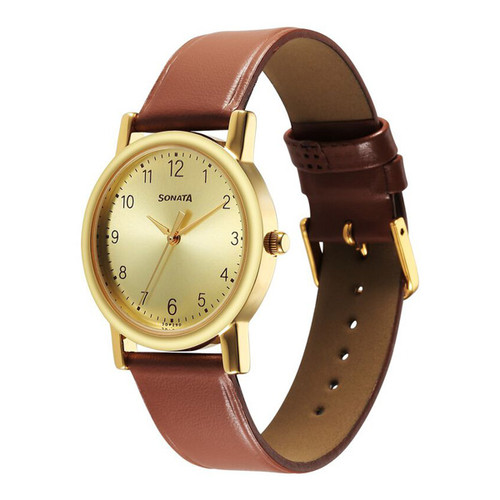 Sonata Classic Gold Dial Brown Leather Strap Men's Watch -7987YL08