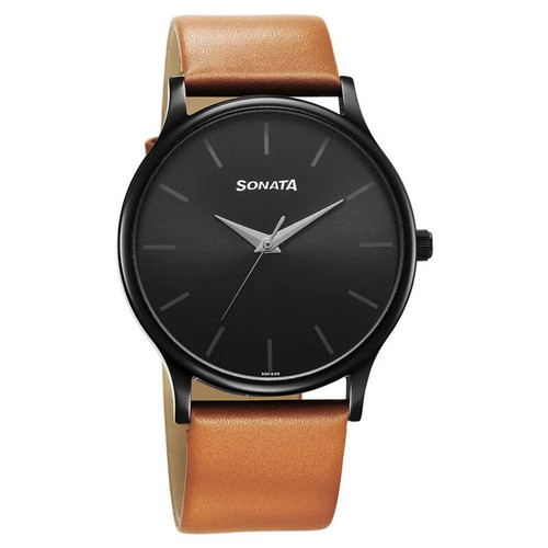 Sonata Quartz Analog Black Dial Leather Strap Men's Watch -77105NL09