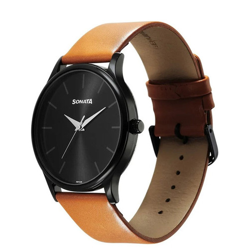 Sonata Quartz Analog Black Dial Leather Strap Men's Watch -77105NL09