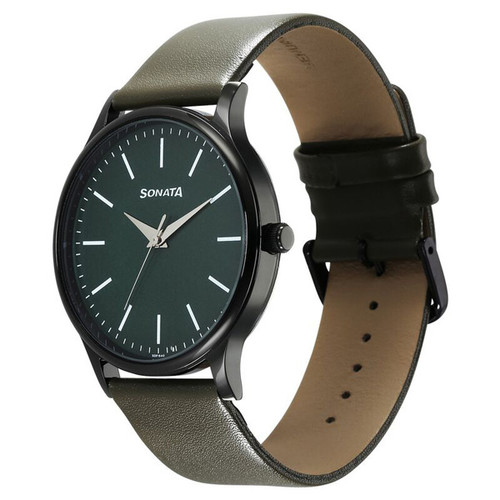 Sonata Quartz Analog Green Dial Leather Strap Men's Watch -77105NL10