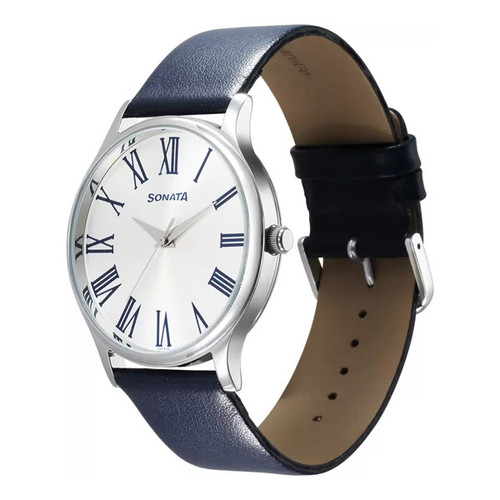 Sonata Quartz Analog Silver Dial Leather Strap For Men -77105SL12