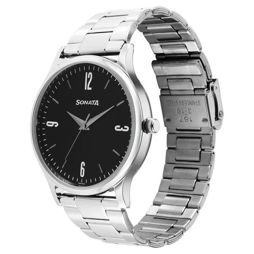 Sonata Black Dial Analog Stainless Steel Men's Watch -77105SM09